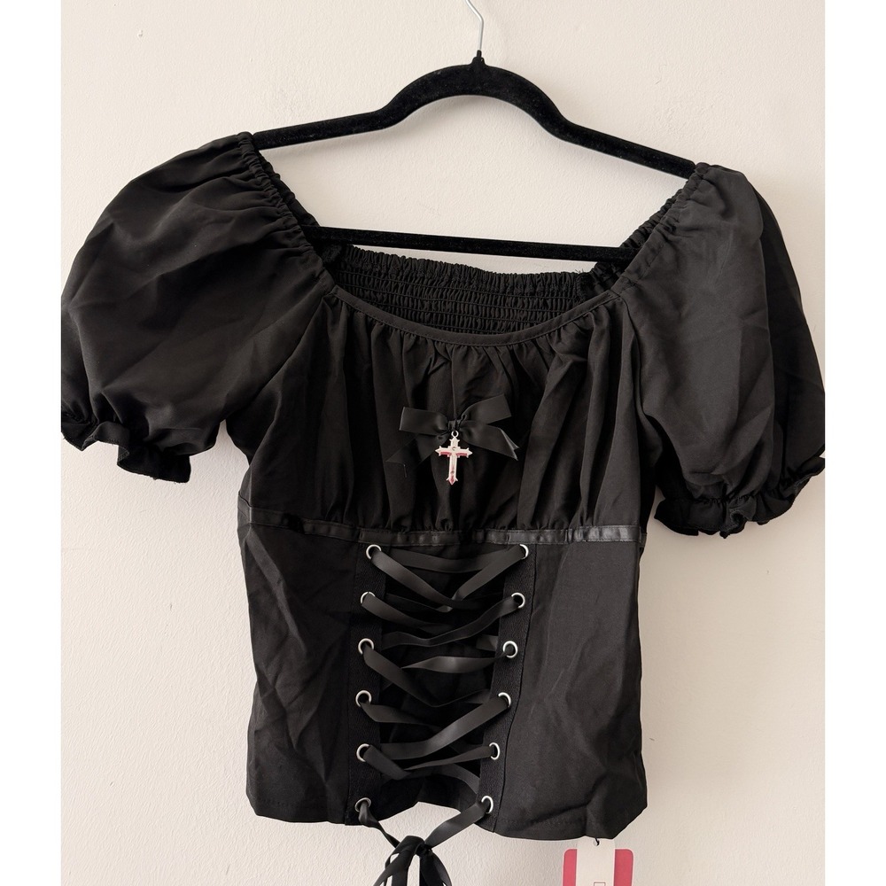 Romwe Women's Gothic Crop Top Off Shoulder Blouse Cross Lace Front Milkmaid XS